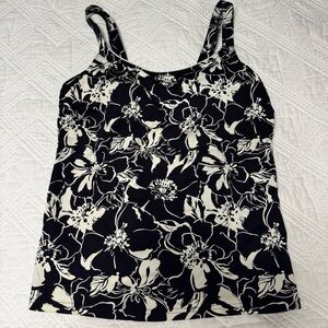 Lands’ End Black and White Floral Tankini Swimwear Top Size 4